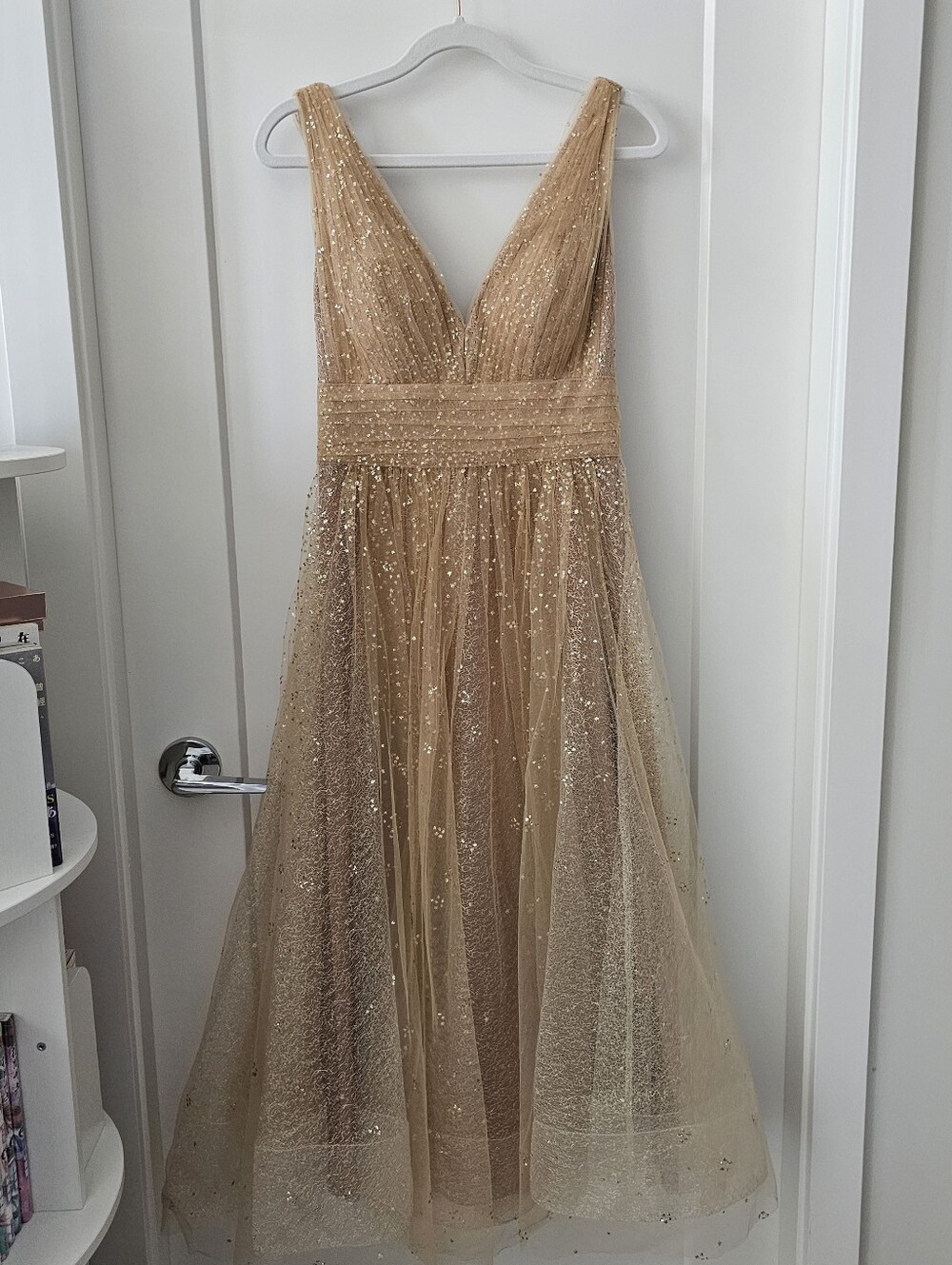 Marchesa Notte Glitter Tulle V-Neck Dress in Champagne